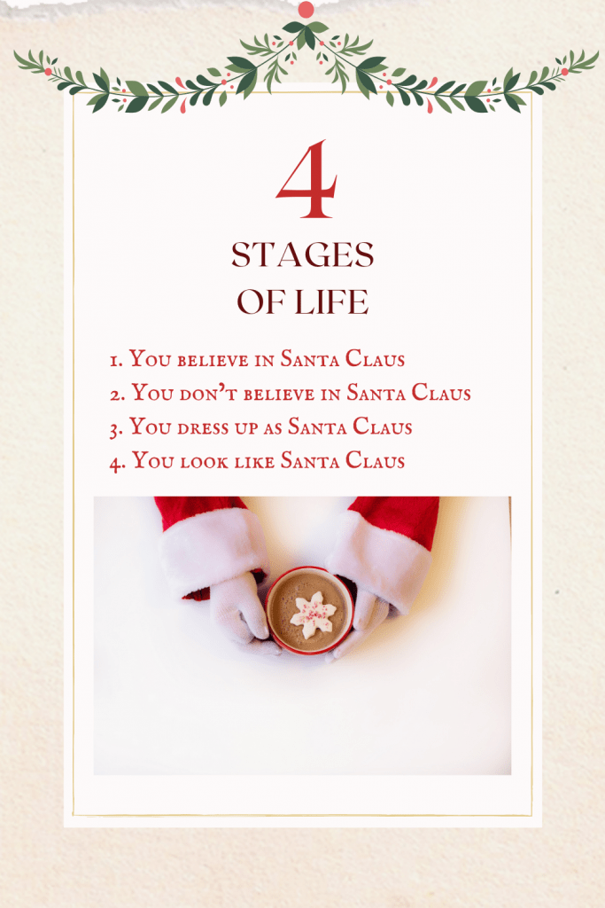 The 4 stages of life:

1. You believe in Santa Claus

2. You don't believe in Santa Claus

3. You dress up as Santa Claus

4. You look like Santa Claus